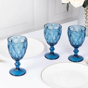 6-Pack Crystal Cut Wine Glasses 12oz Embossed Design Stemmed Ocean Blue 7"